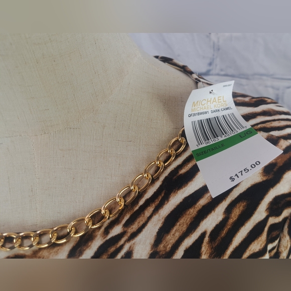 NWT Michael Kors Animal Print Dress Midi Ruched Gold Chain Camel $175 Large - Picture 11 of 13